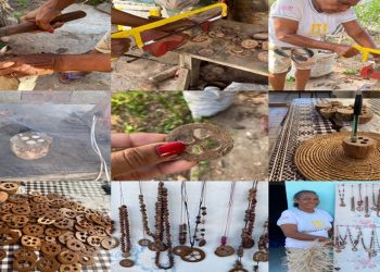 Passo a passo de dona Nonata produzindo acessórios utilizando a casca do coco babaçu (Crédito: Mariana Oliveira)